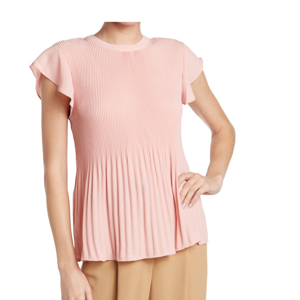 Adrianna Papell Georgette Scoop Neck Solid Pleated Top